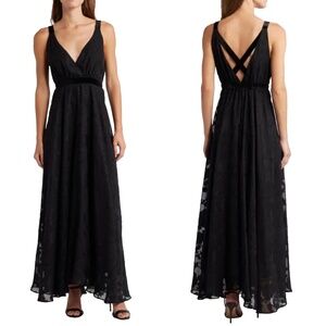 NEW CHELSEA28 Black VELVETY Floral FLOCKED Strappy Back SURPLICE Evening GOWN M